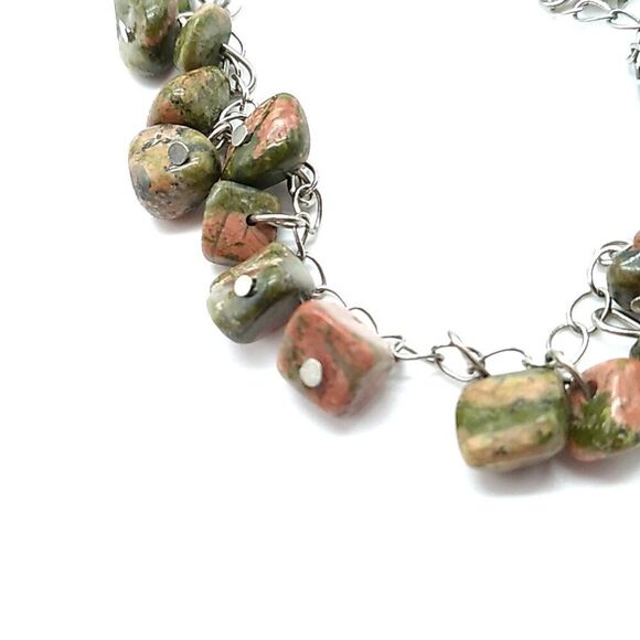 Artisan Unakite Jasper Bracelet Green Pink Stone Beads Silver Chain Toggle Clasp - Picture 13 of 13